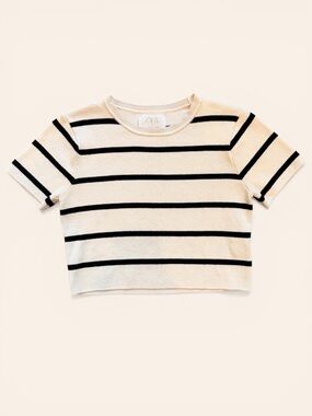 Zara Cream Short-Sleeve Top with Black Stripes